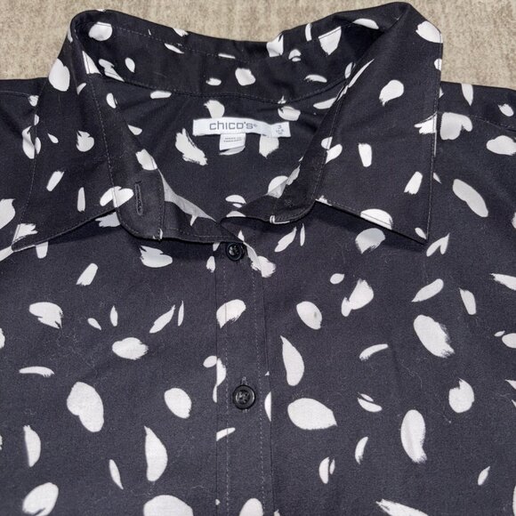 XL 16 Chico's Sz 3 Black And white Button Up Top Dressier Rounded Hem Cuffed Top - Picture 2 of 5